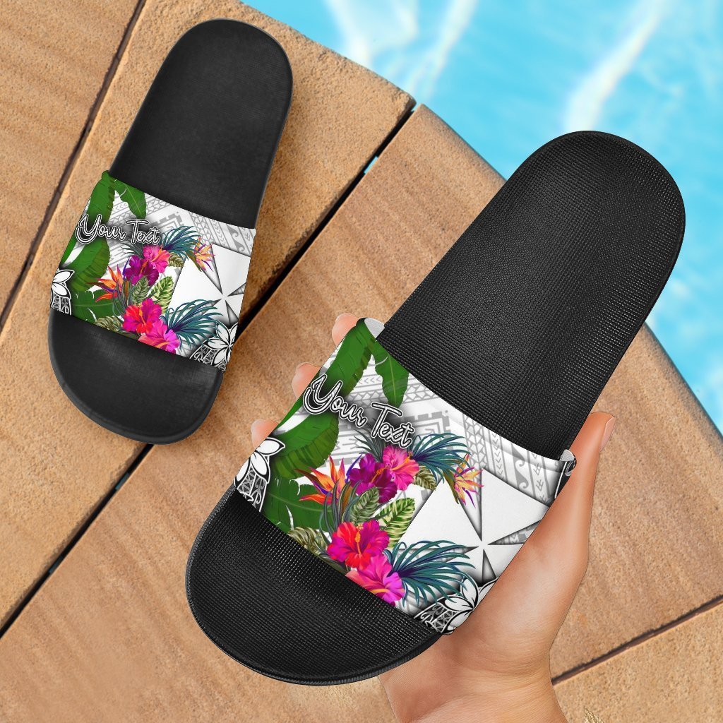 Wallis And Futuna Custom Personalised Slide Sandals White - Turtle Plumeria Banana Leaf Black - Polynesian Pride