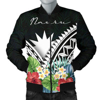 Nauru Men's Bomber Jacket - Nauru Coat of Arms & Polynesian Tropical Flowers White White - Polynesian Pride