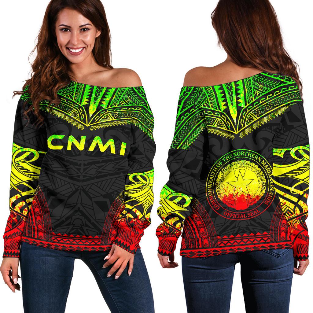 Northern Mariana Islands Polynesian Chief Women's Off Shoulder Sweater - Reggae Version Art - Polynesian Pride
