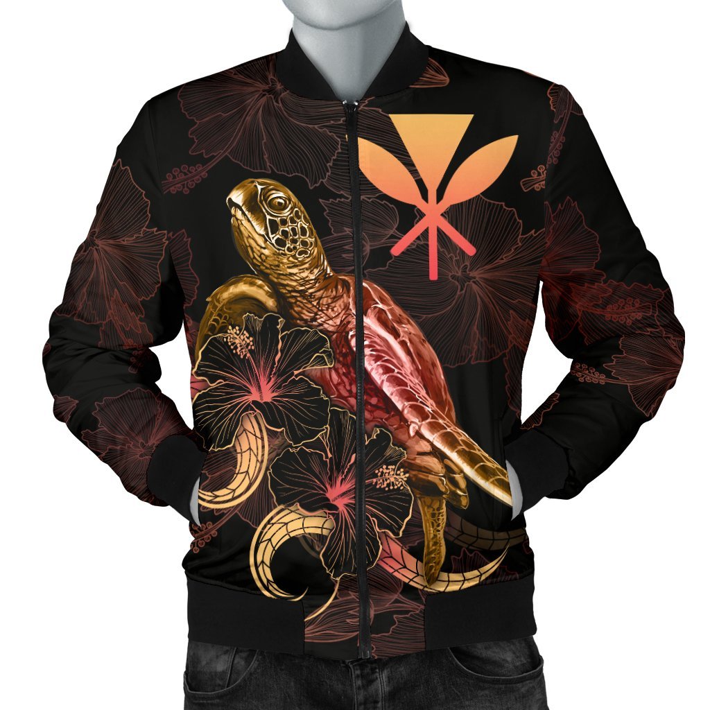 Hawaii Polynesian Men's Bomber Jacket - Turtle With Blooming Hibiscus Gold Gold - Polynesian Pride