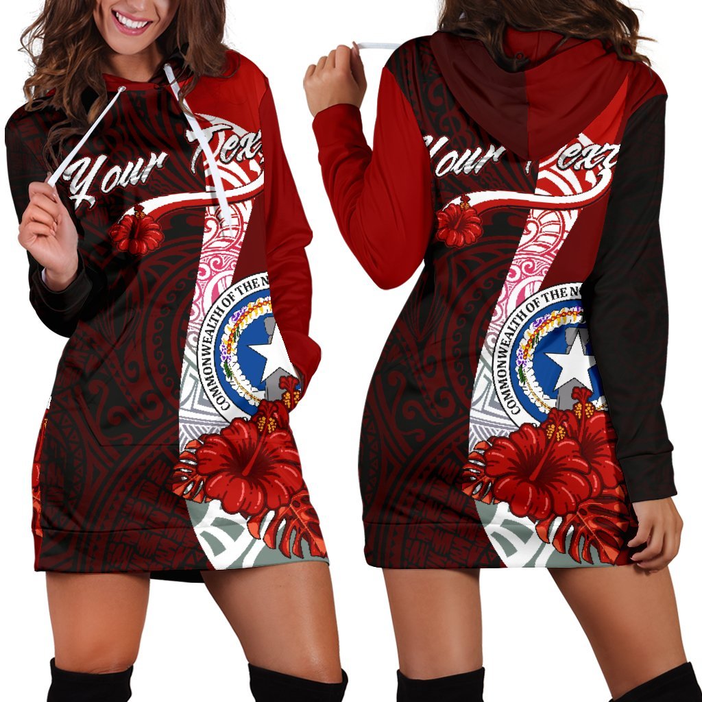 Northern Mariana Islands Polynesian Custom Personalised Hoodie Dress - Coat Of Arm With Hibiscus Red - Polynesian Pride