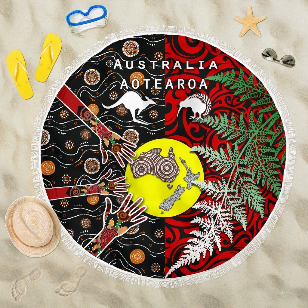 New Zealand Australia Beach Blanket - Maori Aboriginal Beach Blanket - NZ Black - Polynesian Pride