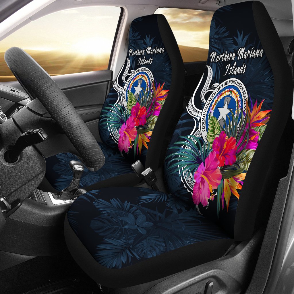 Northern Mariana Islands Polynesian Car Seat Covers - Tropical Flower Universal Fit Blue - Polynesian Pride