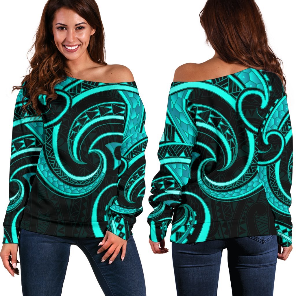New Zealand Maori Mangopare Women Off Shoulder Sweater Polynesian - Turquoise Turquoise - Polynesian Pride