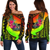 Pohnpei Women's Off Shoulder Sweater - Polynesian Hook And Hibiscus (Raggae) - Polynesian Pride