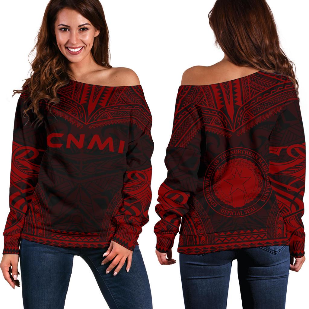 Northern Mariana Islands Polynesian Chief Women's Off Shoulder Sweater - Red Version Red - Polynesian Pride