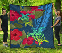 Hawaii Turtle Hibiscus Polynesian Premium Quilt - Bana Style Blue - Polynesian Pride