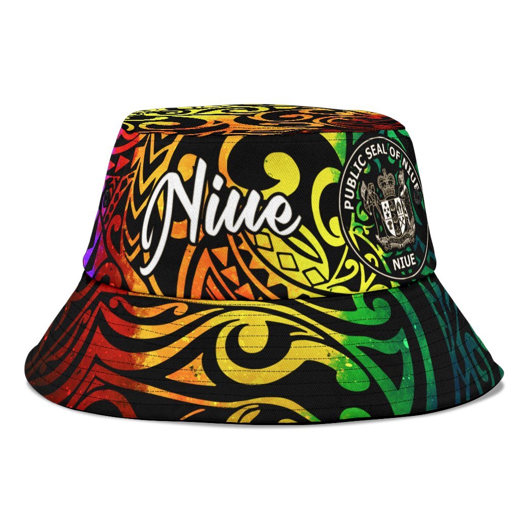 Niue Bucket Hat - Rainbow Polynesian Pattern Unisex Universal Fit Reggae - Polynesian Pride