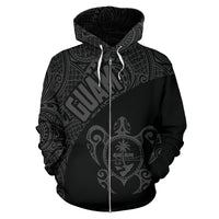 Guam Zip up Hoodie Guam Coat of Arm In Turtle Polynesian Tattoo Gray - Polynesian Pride