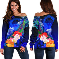Federated States of Micronesia Custom Personalised Women's Off Shoulder Sweaters - Humpback Whale with Tropical Flowers (Blue) Blue - Polynesian Pride