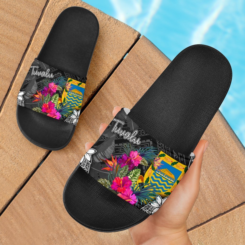 Tuvalu Slide Sandals - Turtle Floral Black - Polynesian Pride
