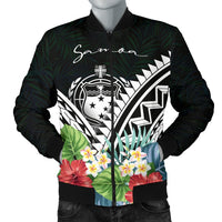 Samoa Men's Bomber Jacket - Samoa Caledonia Coat of Arms & Polynesian Tropical Flowers White White - Polynesian Pride