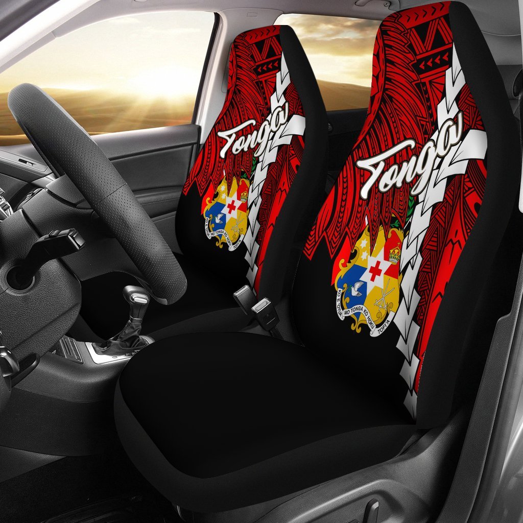 Tonga Polynesian Car Seat Covers - Tribal Wave Tattoo Flag Color Universal Fit Red - Polynesian Pride