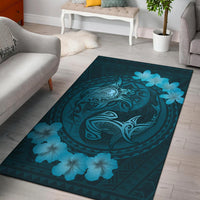 Hawaii Yin Yang Turtle Shark Hibiscus Plumeria Rug - Turquoise Turquoise - Polynesian Pride