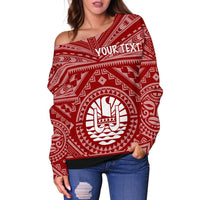 Tahiti Personalised Women's Off Shoulder Sweater - Tahiti Seal In Polynesian Tattoo Style (Red) - Polynesian Pride