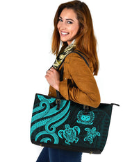 Samoa Polynesian Large Leather Tote Bag - Turquoise Tentacle Turtle - Polynesian Pride