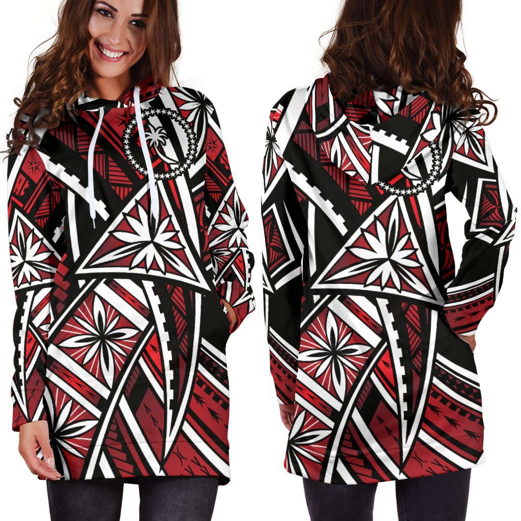 Chuuk Women Hoodie Dress - Tribal Flower Special Pattern Red Color Red - Polynesian Pride