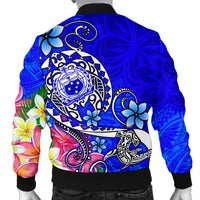 Samoa Custom Personalised Men's Bomber Jacket - Turtle Plumeria (Blue) - Polynesian Pride