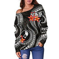 Yap Micronesian Women Off Shoulder Sweater - Black Plumeria - Polynesian Pride