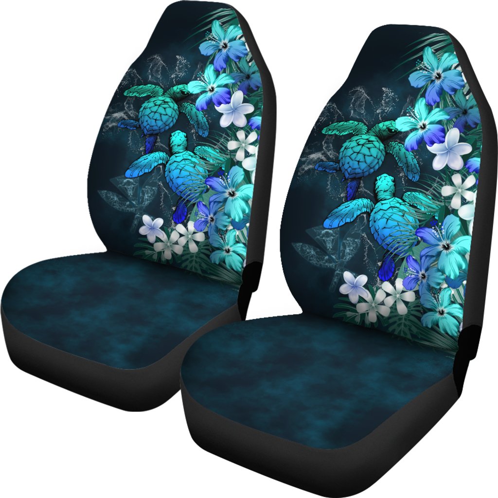 Kanaka Maoli (Hawaiian) Car Seat Covers - Sea Turtle Tropical Hibiscus And Plumeria Blue Universal Fit Blue - Polynesian Pride