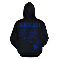 Polynesian Kakau Three Turtle Map of Hawaii Hoodie Blue - Polynesian Pride