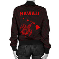 Hawaii Kakau Polynesian Turtle Map Women's Bomber Jacket - Red - Polynesian Pride