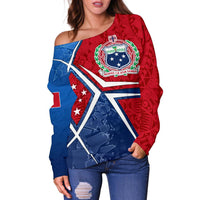 Samoa Women's Off Shoulder Sweater - Samoa Flag with Polynesian Patterns - Polynesian Pride