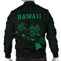 Hawaii Kakau Polynesian Three Turtles Map Men's Bomber Jacket - Green - Polynesian Pride