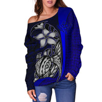 Kosrae Micronesia Women Off Shoulder Sweater Blue - Turtle With Hook - Polynesian Pride