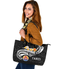 Tahiti Leather Tote Bag - Tahiti Seal Polynesian Patterns Plumeria (Black) - Polynesian Pride