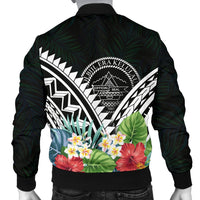 Palau Men's Bomber Jacket - Palau Caledonia Coat of Arms & Polynesian Tropical Flowers White - Polynesian Pride
