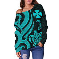 Wallis and Futuna Women's Off Shoulder Sweater - Turquoise Tentacle Turtle - Polynesian Pride