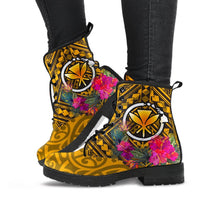 Hawaii Leather Boots - Kanaka Maoli With Hibiscus On Polynesian Patterns (YELLOW) - Polynesian Pride