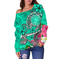Hawaii Women's Off Shoulder Sweater - Turtle Plumeria Polynesian Tattoo Turquoise Color - Polynesian Pride