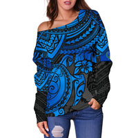 Pohnpei Polynesian Off Shoulder Sweater (Women) - Polynesian Blue Turtle - Polynesian Pride