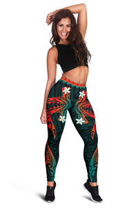 Hawaiian Plumeria Shark Polynesian Women's Leggings - Alan Style - AH Cyan - Polynesian Pride