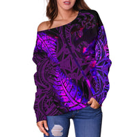 Aotearoa Maori Women Off Shoulder Sweater Silver Fern Koru Vibes Purple - Polynesian Pride