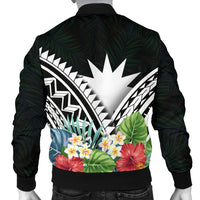 Nauru Men's Bomber Jacket - Nauru Coat of Arms & Polynesian Tropical Flowers White - Polynesian Pride