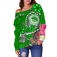 FSM Custom Personalised Women's Off Shoulder Sweater - Turtle Plumeria (Green) - Polynesian Pride