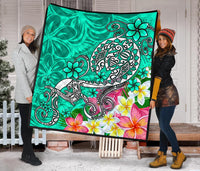 Polynesian Premium Quilt - Turtle Plumeria Turquoise Color - Polynesian Pride