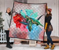 Hawaii Map Kanaka Sea Turtle Hibiscus Premium Quilt - AH - Blue Pink - Polynesian Pride