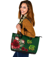 Hawaii Large Leather Tote - Turtle Hibiscus Pattern Hawaiian Large Leather Tote - Green - Polynesian Pride