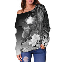 Marshall Islands Women's Off Shoulder Sweater - Humpback Whale with Tropical Flowers (White) - Polynesian Pride