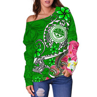 FSM Women's Off Shoulder Sweater - Turtle Plumeria (Green) - Polynesian Pride