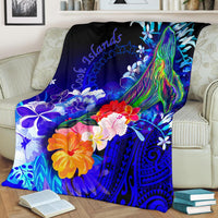 Cook Islands Premium Blanket - Humpback Whale with Tropical Flowers (Blue) - Polynesian Pride