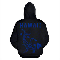 Polynesian Kakau Hammerhead Shark Map of Hawaii Zip Hoodie Blue - Polynesian Pride