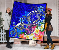Hawaii Premium Quilt - Turtle Plumeria Polynesian Tattoo Blue Color - Polynesian Pride