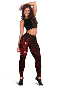 Polynesian Hawaii Kanaka Maoli Leggings - Humpback Whale with Hibiscus (Red) - Polynesian Pride