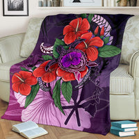 Polynesian Hawaii Premium Blanket - Purple Hibiscus Turtle Flowing - Polynesian Pride