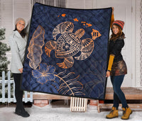 Personalized - Hawaii Kakau Polynesian Turtle Map Premium Quilt - Indigo Special Edition - Polynesian Pride